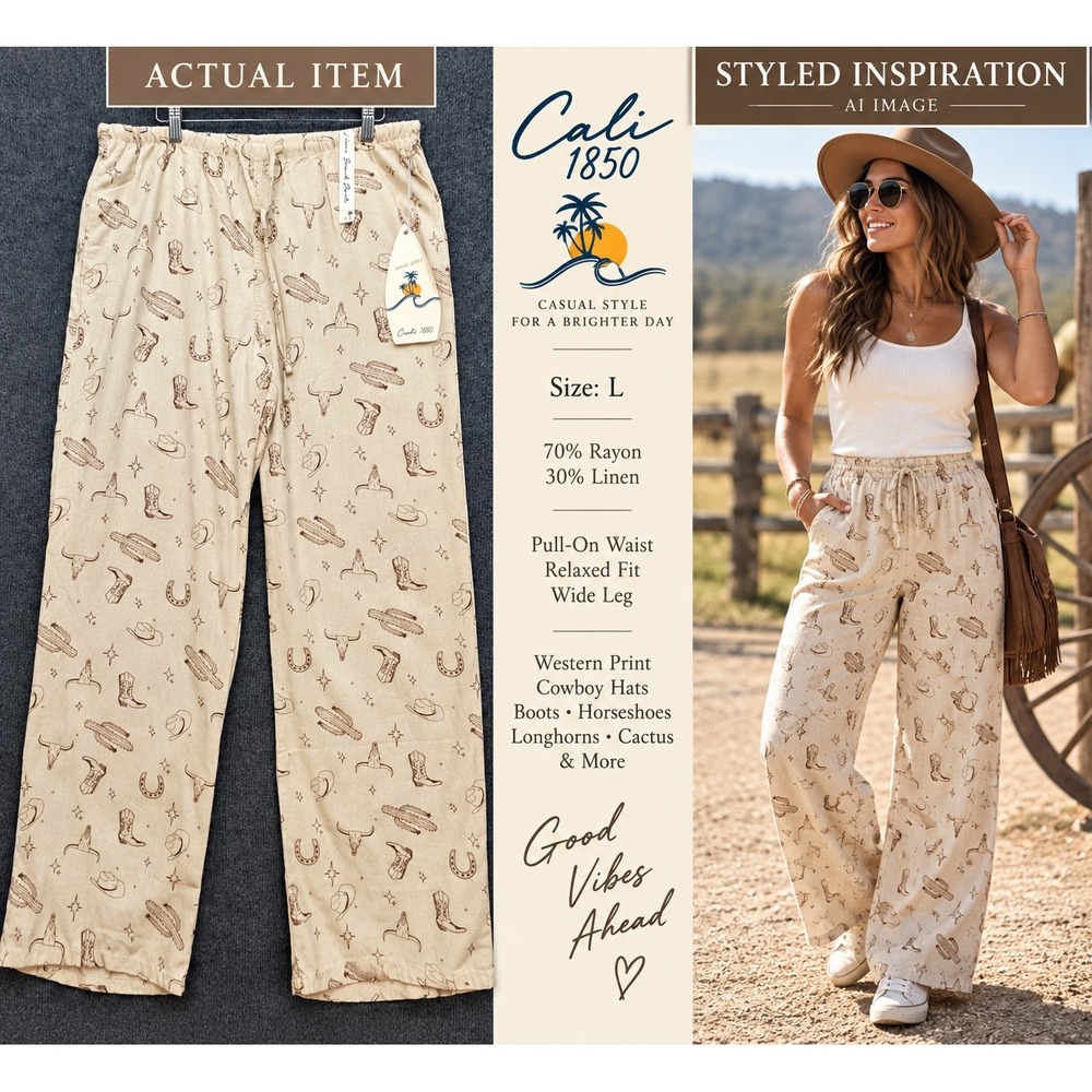 Cali 1850 Western Print Beach Pants Womens Large New Cream Linen Blend Wide Leg